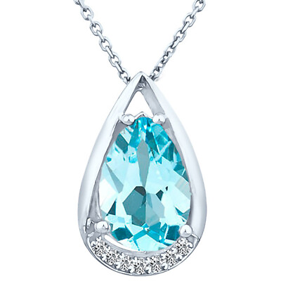 #ad 3.45 Ct Genuine Pear Shape Sky Blue Topaz Gemstone amp; Diamonds 14k W gold pendant $349.00
