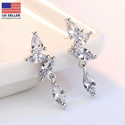 #ad Women 925 Sterling Silver Jewelry Crystal Earrings Leaf Droplets Style Stud 0160 $6.99