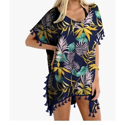 #ad Yincro Womens Cover Up Size 8 Chiffon Tassel Palm Leaf Beach Tropical Vacation $25.00