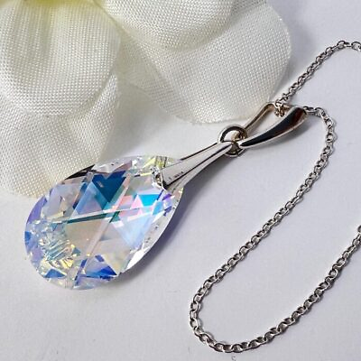 #ad 925 Silver Large 28mm Necklace Pendant Pear AB Made With Austrian Crystals GBP 24.50