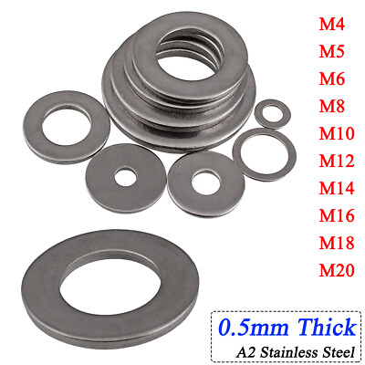 #ad 0.5 mm Thick M4 M5 M6 M8 M10 M12 M16 M20 Flat Plain Washers A2 Stainless Steel $161.25
