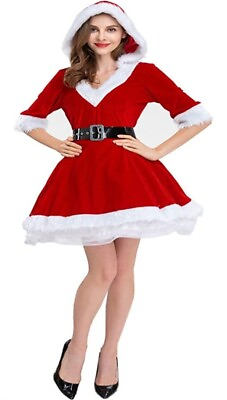 #ad Women Christmas Girl Santa Claus Long Sleeve Hooded Dress w Belt Xmas Costume $29.99