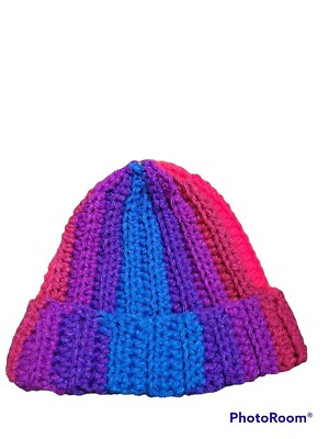 #ad Childrens Hand Crocheted Snowboarders Hat Beanie Rainbow 7quot; Folded Toddler Kids $15.00
