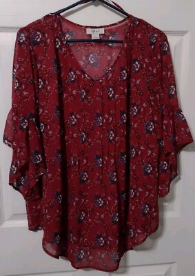 #ad #ad Style amp; Co Sheer Ruffle Sleeve Boho Tunic Top Blouse Large Red Floral Bell Slvs $12.00