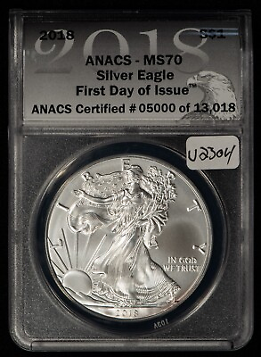 #ad 2018 1 oz Silver American Eagle First Day Issue ANACS MS 70 U2304 $52.50