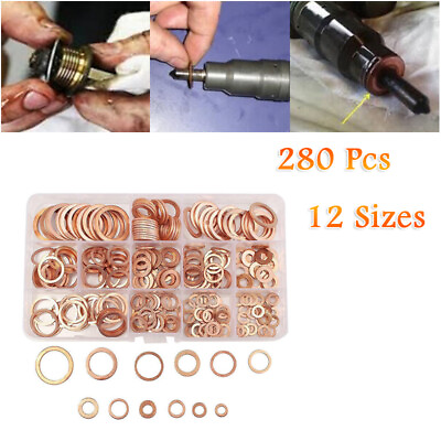 #ad 280PCS 12 Sizes Solid Copper Crush Washers Assorted Seal Flat Ring Hardware Case $23.39