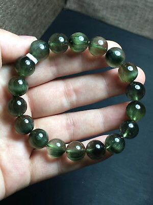 #ad 10.7mm Natural Green Hair Rutilated Crystal Beads Bracelet AAA $249.56