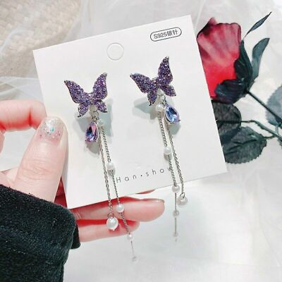 #ad Purple Crystal CZ Butterfly amp; Imt.Pearl Tassel Sterling Silver Stud Earrings $5.99