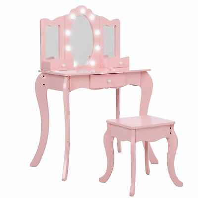 #ad Kids Vanity Girl Princess Makeup Table w Tri Folding Mirror Light Stool Drawer $100.09
