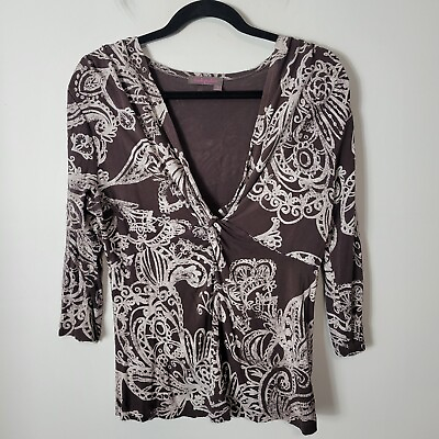 #ad Fresh Produce Faux Wrap Size M Brown Paisley 3 4 Sleeve Top $24.88