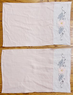 #ad Vintage Set of 2 Linen Breakfast Placemats Pink Floral Applique Embroidery $18.04