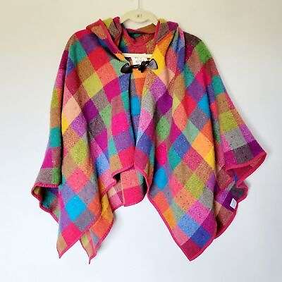 #ad Avoca the Mill Colorful Plaid Herringbone Wool Tweed Hooded Cape Poncho $88.00