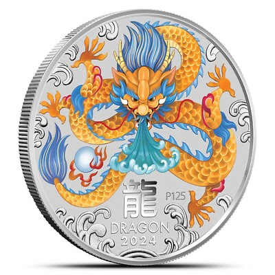 #ad 2024 Australian Lunar 1 oz Silver Colorized Dragon BU Coin w Capsule P125 $39.95