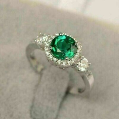 #ad 3Ct Cut Green Emerald Solitaire Lab Created Ring 14K White Gold Plated $95.19