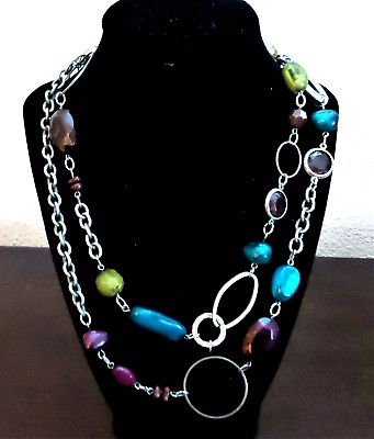#ad Silver Tone Large Link Round amp; Oval Small Links Multi Colored Art Stones Beads $26.99