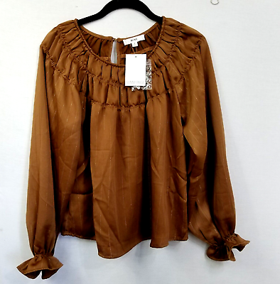 #ad Mine Boutique Brown ruffle Sleeve Shirt small satin look with shimmer stripes $12.95