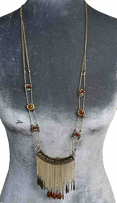 #ad Vintage Necklace Express Bronze Amber Long Bib Necklace Boho Western $19.00