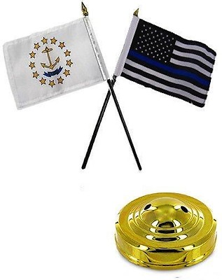 Rhode Island State amp; USA Police Blue 4quot;x6quot; Flag Desk Set Table Stick Gold Base $7.88