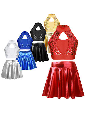 #ad Girls Dance Outfits Sequin Crop Top With Skirt Shiny Hollow Front Metallic Kids $8.36