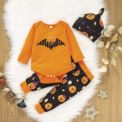 #ad Baby Boy My First Halloween Outfit Pumpkin Romper Winter Clothes Set with Hat $16.99