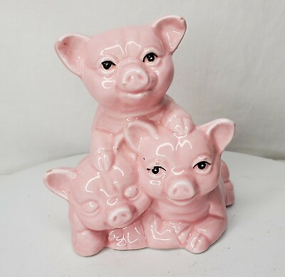 #ad Vintage Pink 3 Little Pigs Piggy Bank Ceramic Babies Stacked Playful Nursery $20.62