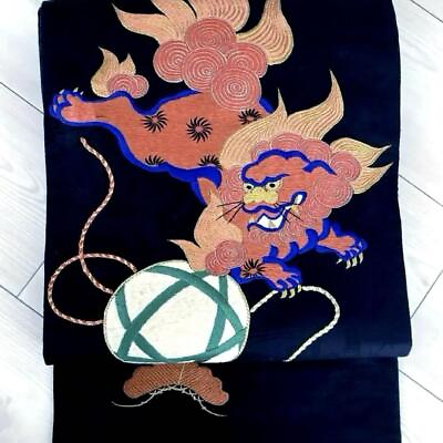 #ad Japanese Kimono Antique Nagoya Obi Lion And Ball Embroidery Bird Pure Silk $314.06