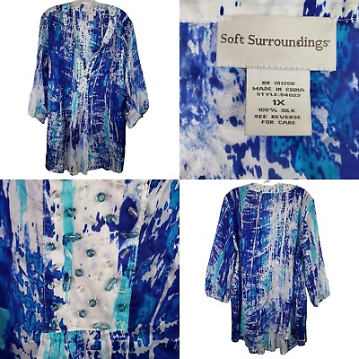 #ad Soft Surroundings Kimono Silk Women#x27;s Plus 1X Multicolor Blue Sheer Kaftan $29.79