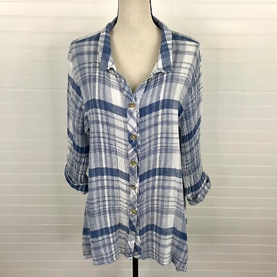 #ad Habitat Clothing Blue Plaid Linen Lagenlook Tunic Top Shirt Size L Button Up $34.95