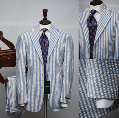 #ad Blue Seersucker Men#x27;s Suits 2 Pieces Party Summer Jacket Wedding Groom Tuxedos $53.99