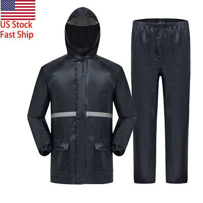 #ad Mens Rain Suits Raincoat Jacket Pants Waterproof Safety Black Hooded Rainwear $22.79