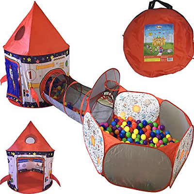 #ad Playz 3pc Rocket Ship Astronaut Kids Play Tent Tunnel amp; Ball Pit with Hoop for $51.60