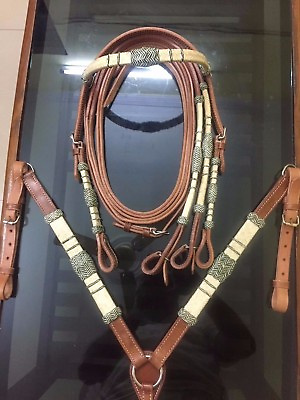 #ad Western Natural Leather Set of Headstall Breast Collar and Reins Rawhide Work $199.99