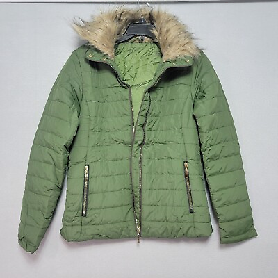 #ad Quilted Parka Puffer Jacket Womens Small Green Coat Faux Fur Lapel Zip Pockets $15.70