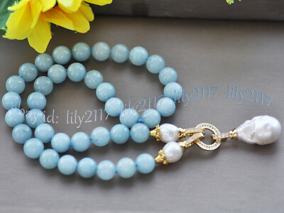 #ad Natural Blue Aquamarine Gems Beaded White Keshi Baroque Pearl Pendant Necklace $21.49