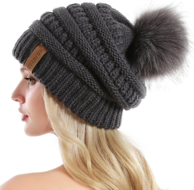 #ad Women Knit Slouchy Beanie Chunky Baggy Hat with Faux Fur Pompom Winter Soft Warm $19.99