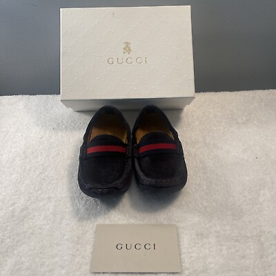#ad Gucci Kids Black Suede Webbing Moccasins Loafers Shoes assumes Size 26 US 9.5 $55.00