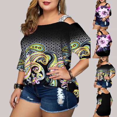 #ad Plus Size Womens Floral Cold Shoulder T shirt Tops Casual Loose Party Blouse US $27.98