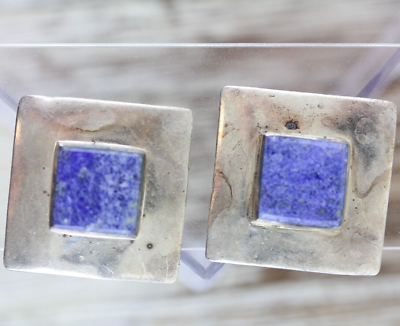 #ad VINTAGE SQUARE BLUE STERLING SILVER STUD EARRINGS 925 PRETTY DESIGN CLASSIC $25.60