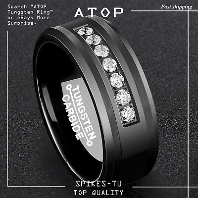 #ad 8mm Black Tungsten Carbide Ring Diamonds Inlay Comfort Fit ATOP Men Wedding Band $23.69