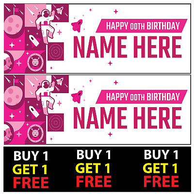 #ad Spaceman Themed Personalised Birthday Banners Pink 100gsm Party Decoration GBP 3.49