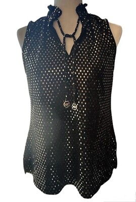 #ad $98 Michael Kors Sleeveless Front Tie Top Black w Gold Rhombus Sequin Womens M $46.99
