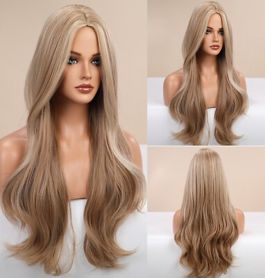 #ad US 24inch Cosplay Wig Ash Blonde Heat Resistant Synthetic Hair Full Head Wavy $12.79