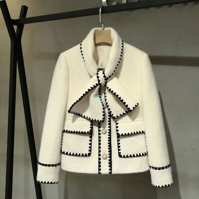 #ad Luxury Womens Mink Fur Knitted Bowtie Jacket Pocket Coat Casual Short Outwear Sz $95.25