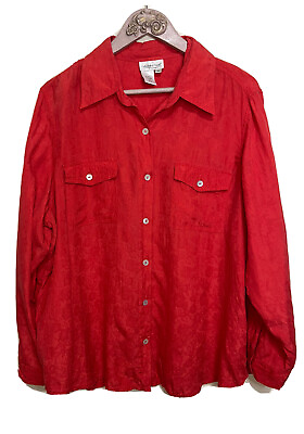 #ad Coldwater Creek 2X Women#x27;s Silk Cotton Button Long Sleeve Shirt Blouse Red $16.80