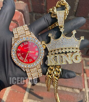 #ad HipHop Iced Bling Red Roman Dial Luxury Diamond Watch Jumbo KING 30quot; Necklace $44.99