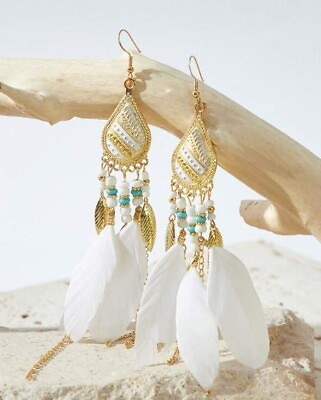 #ad White Feather Seed Beaded Earrings Bohemian Boho Native Style Southwestern NEW $12.95