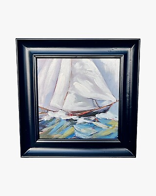 #ad Original Abstract Painting Sailboat Ocean Scenic Art Framed Blue Impressionist $65.00