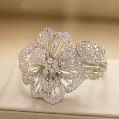 #ad Stunning Big Flower amp; Leaf Design Sparkle White 1.66CT Diamonds Wedding Ring $325.00