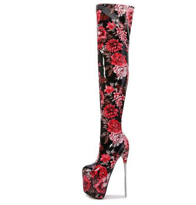 #ad Women High Heels Leather Over The Knee High Boot Platform Floral Print Stilettos $156.39