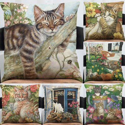 #ad 18quot; Cat Pattern Cotton Linen Square Home Decorative Pillow Case Cushion Cover $3.87